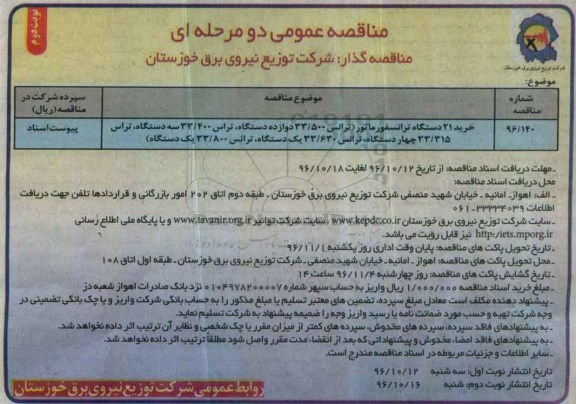مناقصه, مناقصه خرید دستگاه ترانسفورماتور - نوبت دوم 
