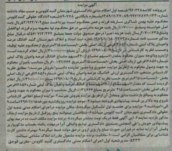 مزایده,مزایده ششدانگ پلاک ثبتی مساحت 215متر