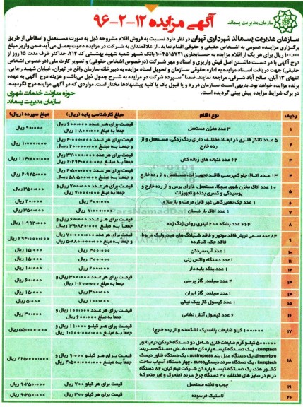 مزایده, مزایده فروش اقلام مشروحه ....