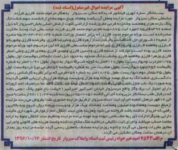 مزایده,مزایده یکصد و هفتاد و 5 سهم مشاع از 600 سهم پلاک بخش سه سبزوار