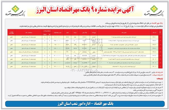 مزایده,مزایده فروش املاک بانک مهر اقتصاد شماره نه
