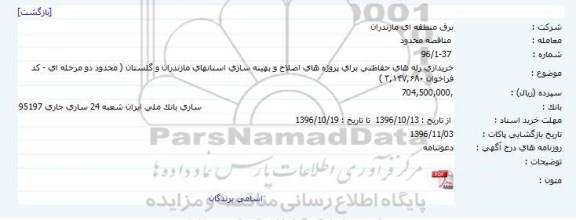 مناقصه, مناقصه خریداری رله های حفاظتی پروژه های اصلاح و بهینه سازی 