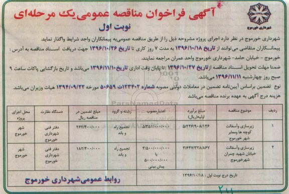آگهی فراخوان مناقصه عمومی یک مرحله ای , مناقصه زیرسازی و آسفالت کوچه ها و معابر شهر