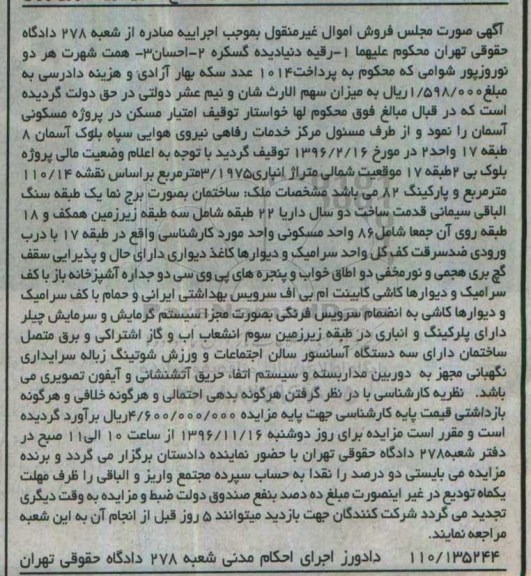 مزایده,مزایده امتیاز مسکن در پروژه مسکونی آسمان غیرمنقول
