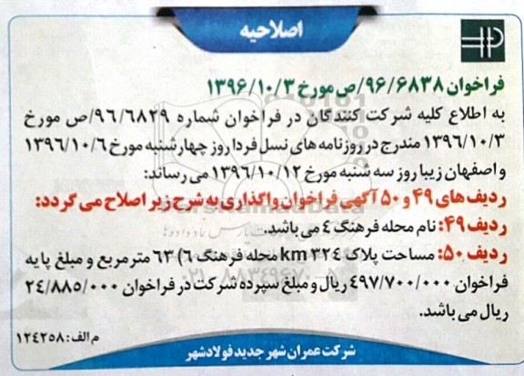 اصلاحیه مزایده,مزایده واگذاری تعدادی از اراضی تجاری خدماتی نقد اقساط 