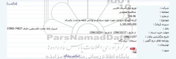 مناقصه, مناقصه کرایه خودرو سواری جهت حوزه ستادی و نواحی تابعه 