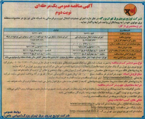 مناقصه ,مناقصه اجرای عملیات انتقال نیرو و برق رسانی...نوبت دوم 
