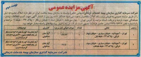 مزایده,مزایده فروش املاک اعیان 177.33 و 68.5متر نوبت دوم