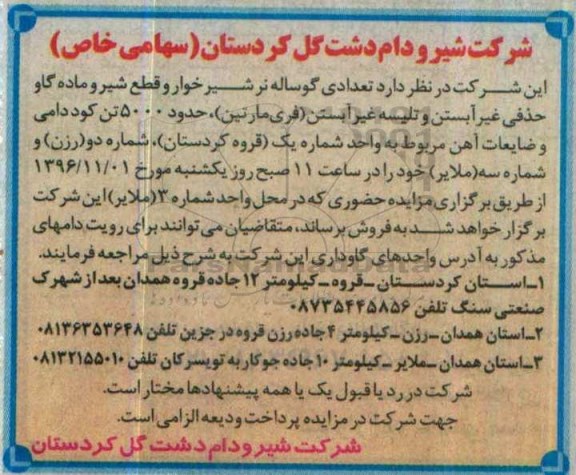 آگهی مزایده، مزایده فروش تعدادی گوساله نر شیرخوار