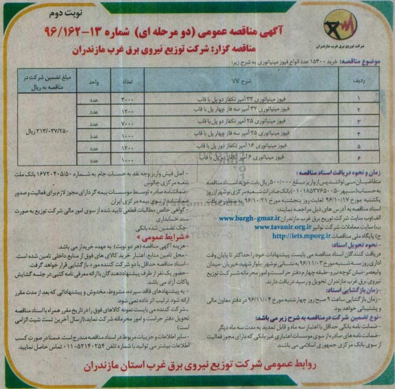 آگهی مناقصه عمومی, مناقصه خرید 15400 عدد انواع فیوز مینیاتوری ... - نوبت دوم