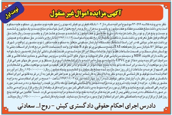 مزایده,مزایده ششدانگ آپارتمان مسکونی مساحت 55 متر