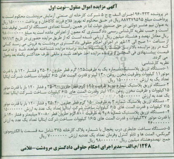 مزایده , مزایده فروش سه دستگاه تزریق پلاستیک و ...