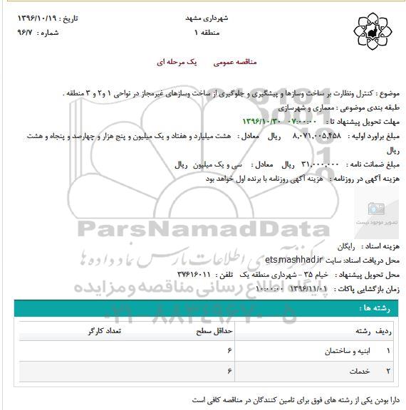 مناقصه عمومی, مناقصه کنترل و نظارت بر ساخت و سازها در نواحی 1و 2و 3