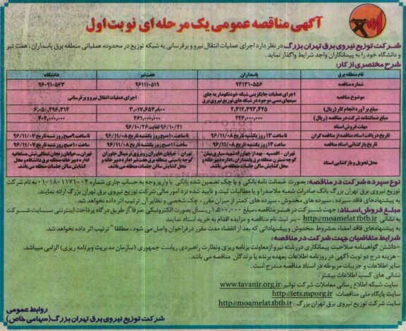 مناقصه, مناقصه اجرای عملیات انتقال نیرو