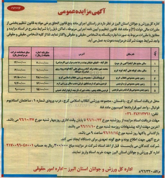 مزایده واگذاری اماکن نوبت دوم