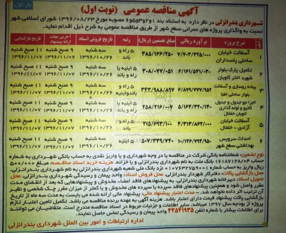 آگهی مناقصه عمومی , مناقصه واگذاری پروژه های عمرانی سطح شهر