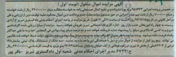 مزایده,مزایده سه دانگ از ششدانگ پلاک ثبتی بخش 8 تبریز