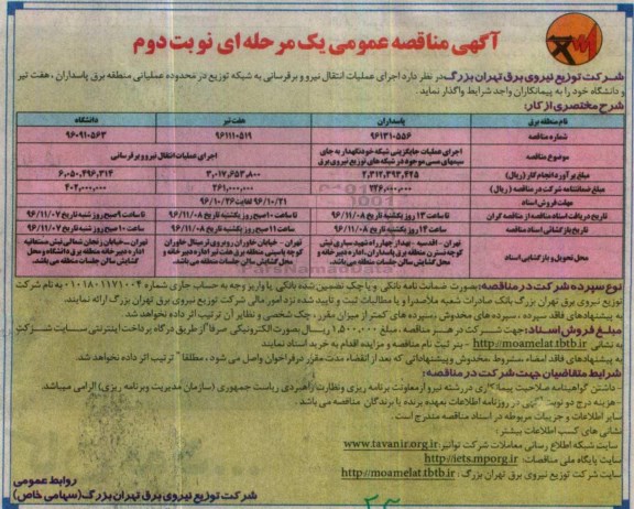 مناقصه, مناقصه اجرای عملیات انتقال نیرو (نوبت دوم)