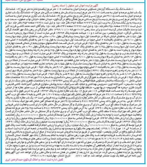 مزایده,مزایده اموال غیرمنقول شامل آپارتمان و سه باب تجاری