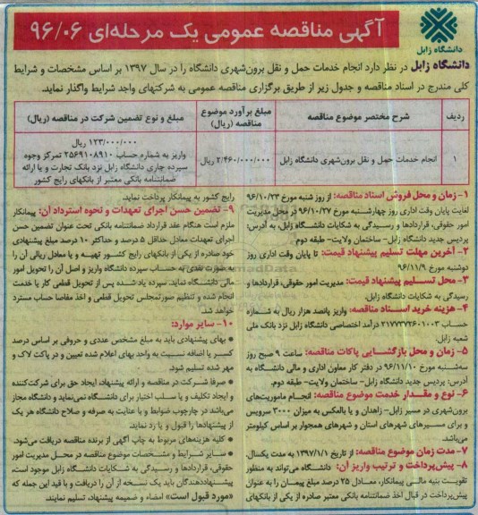 مناقصه انجام خدمات حمل و نقل برون شهری دانشگاه...