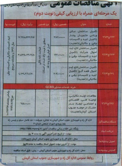 مناقصه, مناقصه تکمیل ساختمان سالن ورزشی جازموریان (نوبت دوم)