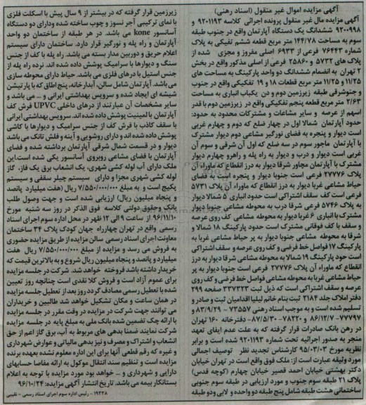 مزایده,مزایده ششدانگ آپارتمان مساحت 144.78متر