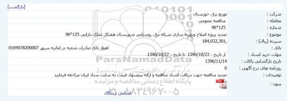 تمدید مناقصه , تمدید مناقصه پروژه اصلاح و بهینه سازی شبکه برق روستایی