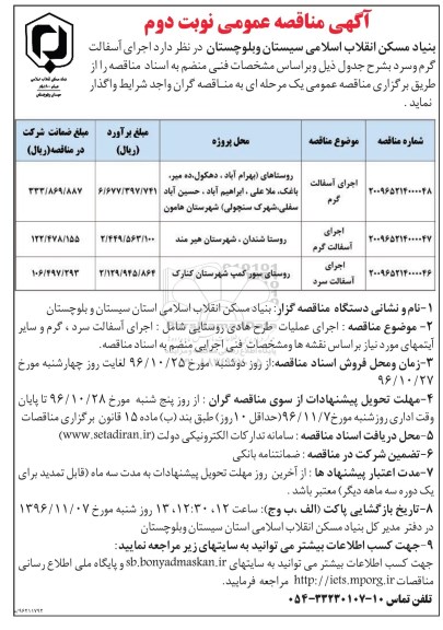 مناقصه عمومی, مناقصه عملیات اجرای آسفالت سرد، گرم... (نوبت دوم)
