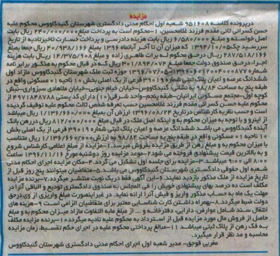 مزایده,مزایده ششدانگ پلاک ثبتی مساحت 98.84متر 