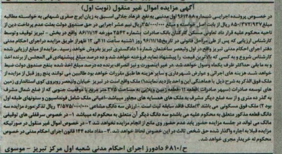 مزایده,مزایده ملک مساحت 275متر نوبت اول
