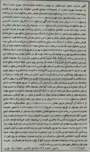 مزایده,مزایده یکباب منزل به پلاک ثبتی 6933/46321 بخش دو