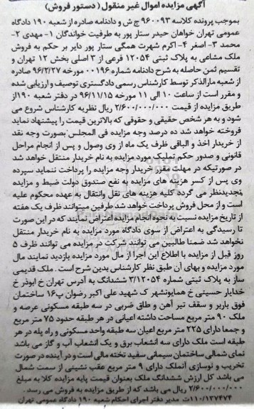 مزایده ملک مشاعی به پلاک ثبتی 12054 فرعی بخش دوازده