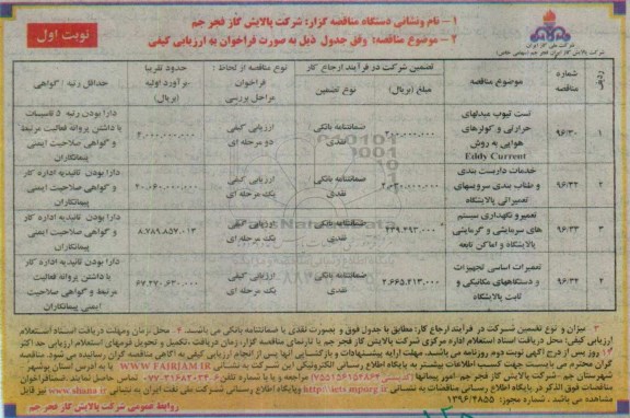 مناقصه تست تیوب مبدل های حرارتی و کولرهای هوایی و...