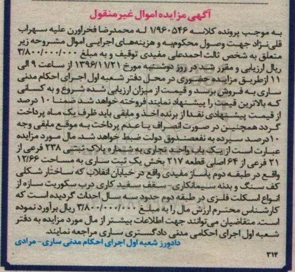 مزایده,مزایده یکباب واحد تجاری مساحت 12.66متر
