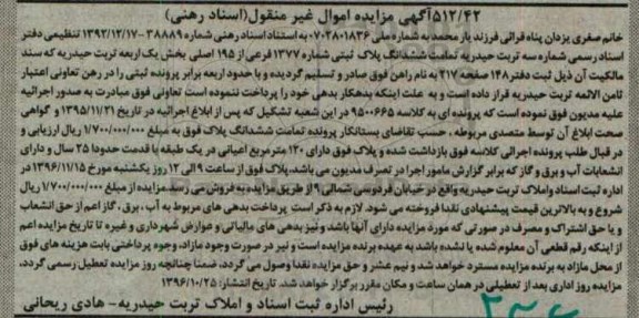 مزایده,مزایده ششدانگ پلاک ثبتی بخش یک اربعه تربت حیدریه