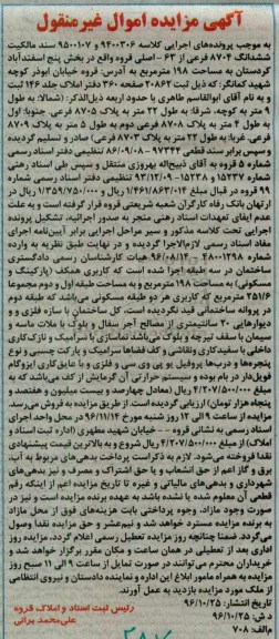 مزایده,مزایده سند مالکیت ششدانگ 8704 فرعی مساحت 198 متر