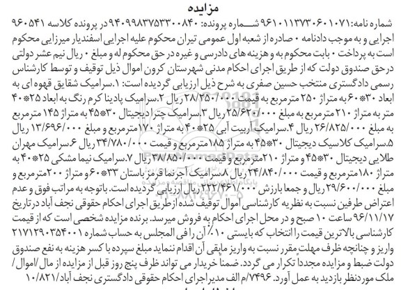 مزایده, مزایده انواع سرامیک