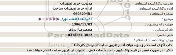 استعلام, استعلام 21 ردیف قطعات نورد 