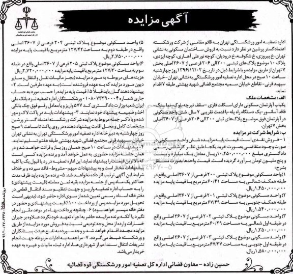 مزایده,مزایده فروش ساختمان مسکونی پلاکهای 200 الی 206 فرعی