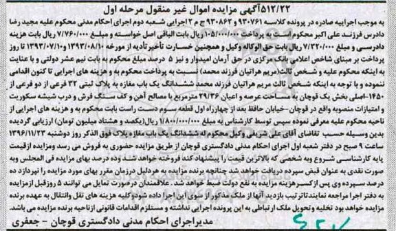 مزایده,مزایده ششدانگ مغازه بخش یک قوچان