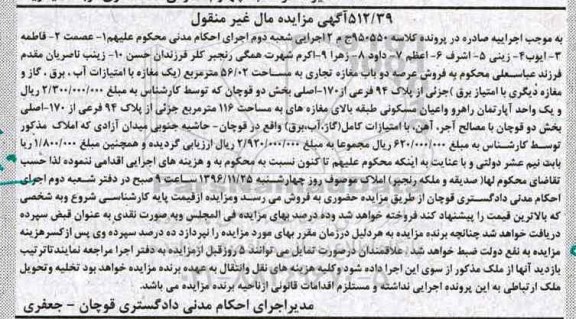 مزایده,مزایده دو باب مغازه تجاری مال غیرمنقول