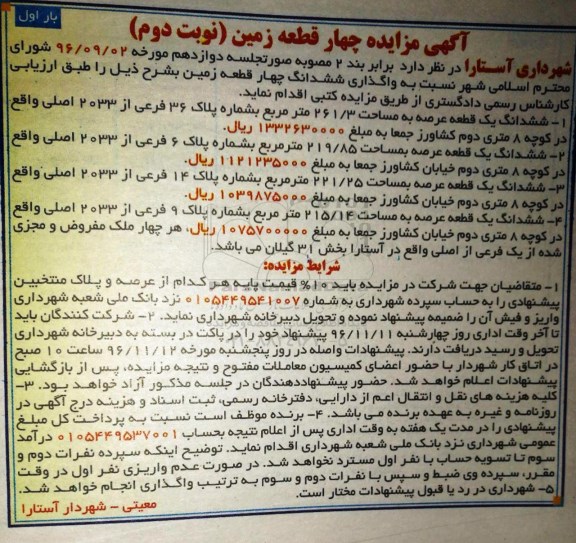 مزایده,مزایده واگذاری ششدانگ 4 قطعه زمین