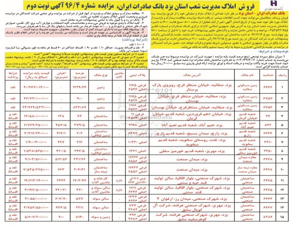 مزایده,مزایده فروش تعدادی از املاک مازاد و تملیکی نوبت دوم