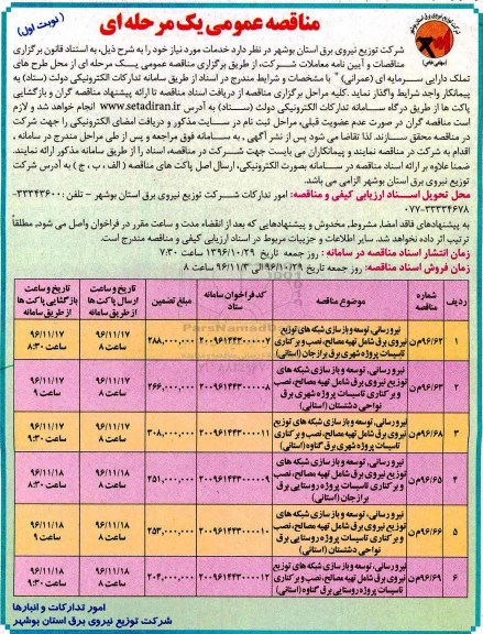 مناقصه نیرورسانی، توسعه و بازسازی شبکه های توزیع نیروی برق شامل تهیه مصالح، نصب و برکناری تاسیسات...