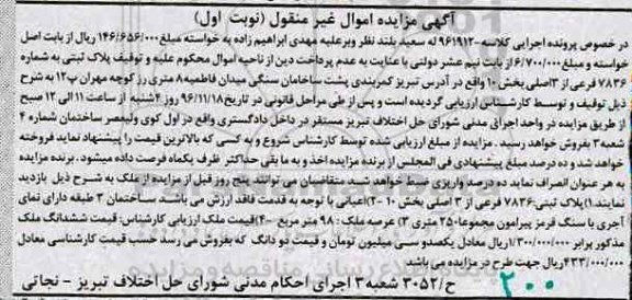 مزایده,مزایده پلاک ثبتی بخش ده نوبت اول
