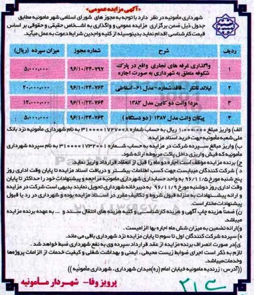 آگهی مزایده عمومیف مزایده واگذاری غرفه های تجاری واقع در پارک شکوفه ...