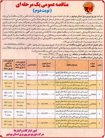 مناقصه عمومی, مناقصه نیرورسانی، توسعه و بازسازی شبکه های توزیع نیروی برق ... نوبت دوم 
