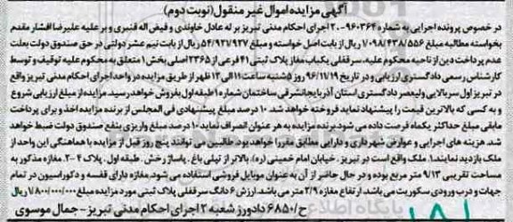 مزایده,مزایده سرقفلی مغازه پلاک ثبتی بخش یک نوبت دوم