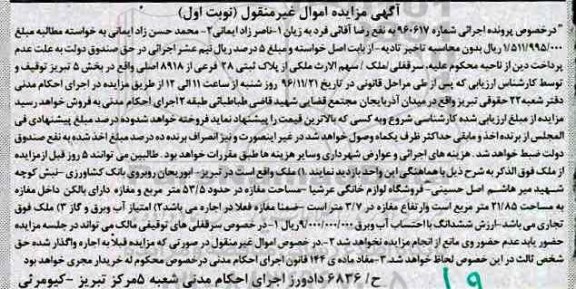 مزایده,مزایده پلاک ثبتی 28 فرعی بخش 5 تبریز نوبت اول