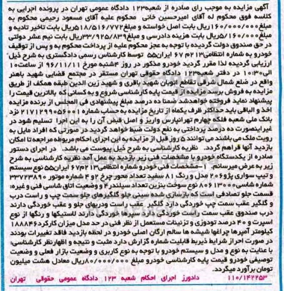 مزایده , مزایده فروش خودرو سواری پژو 206